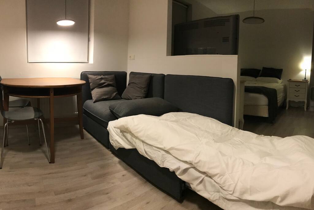 The sofa extends at its length to become bed, although it blocks the walk way to the main bed.