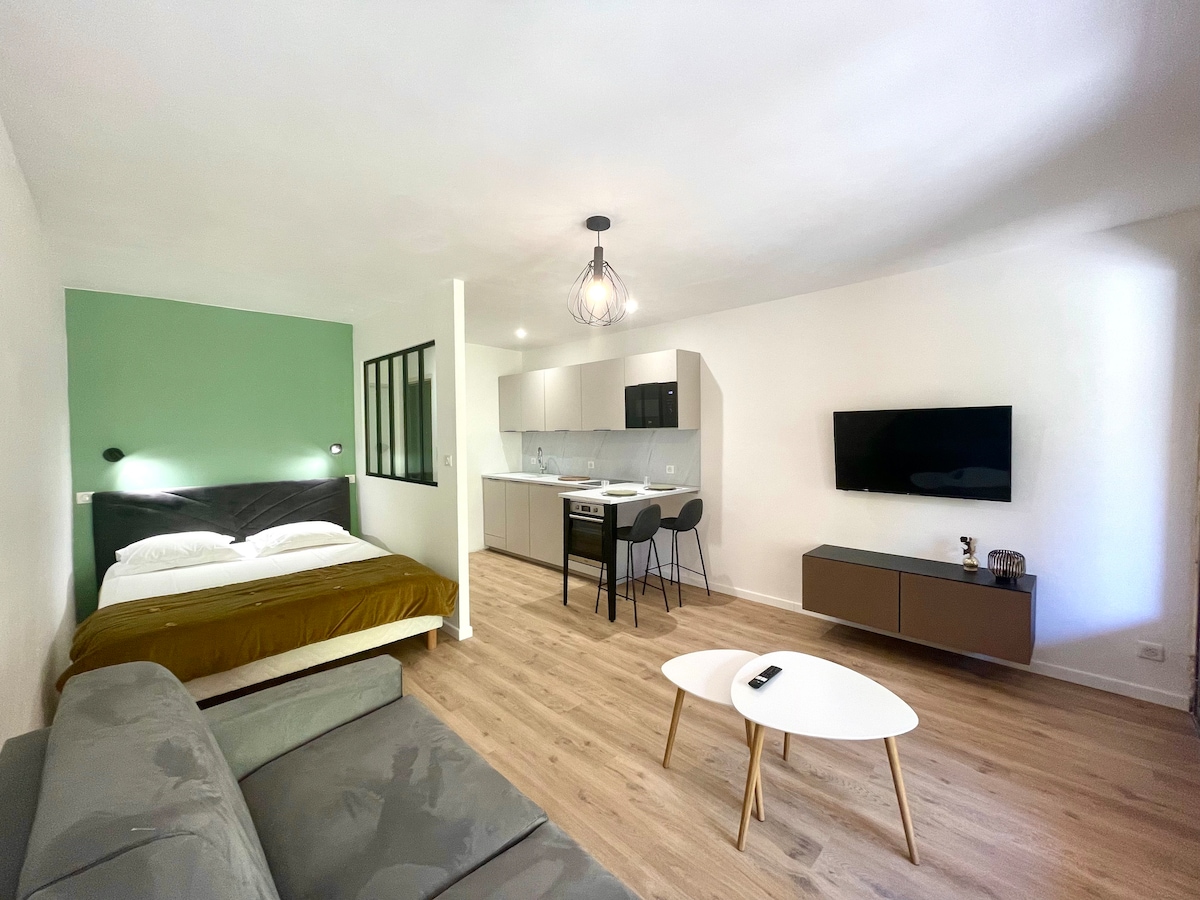 A spacious studio is shown, featuring a comfortable sleeping area with a large bed beside a green accent wall. A modern kitchen with sleek cabinets and appliances is visible, alongside a cozy seating area with a gray sofa. A flat-screen TV is mounted on the wall.