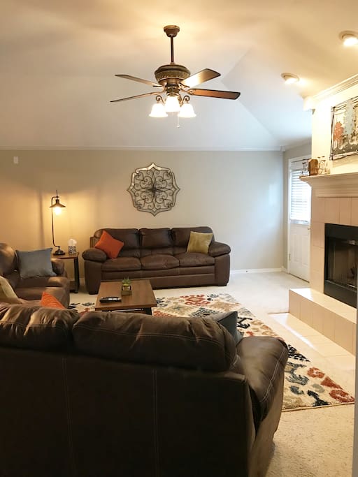 Upstairs living area has a natural gas fireplace and plenty of comfortable seating