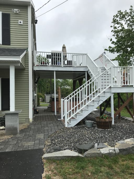 You will be entering underneath the white deck on the right side of the house. The door is directly across from a hot tub. Keypad lock #’s will be given to you the morning of your arrival.
