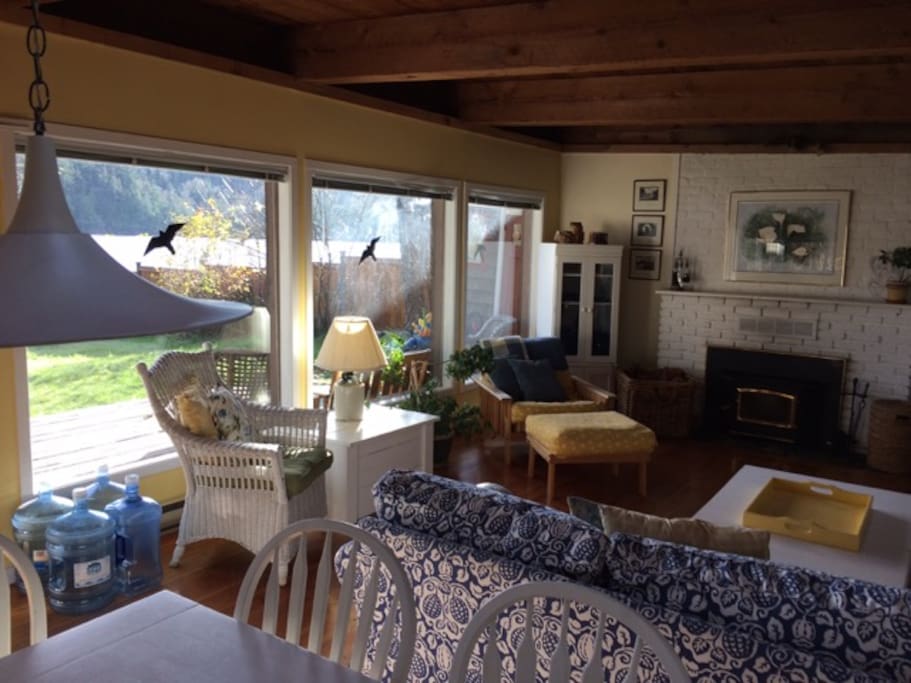 living room and fireplace