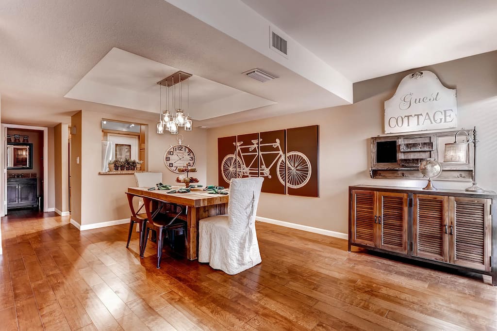 Open dining area, great for at home meals or hanging out with guests, entry area with house information and restaurant recommendations