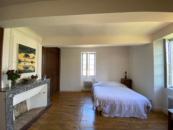 Parental room (room n°1 : 2 people), with fireplace, antique parquet, mirror and wardrobe ...