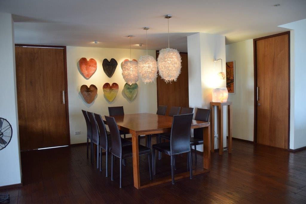 Dining area for 10, with modern ceramics