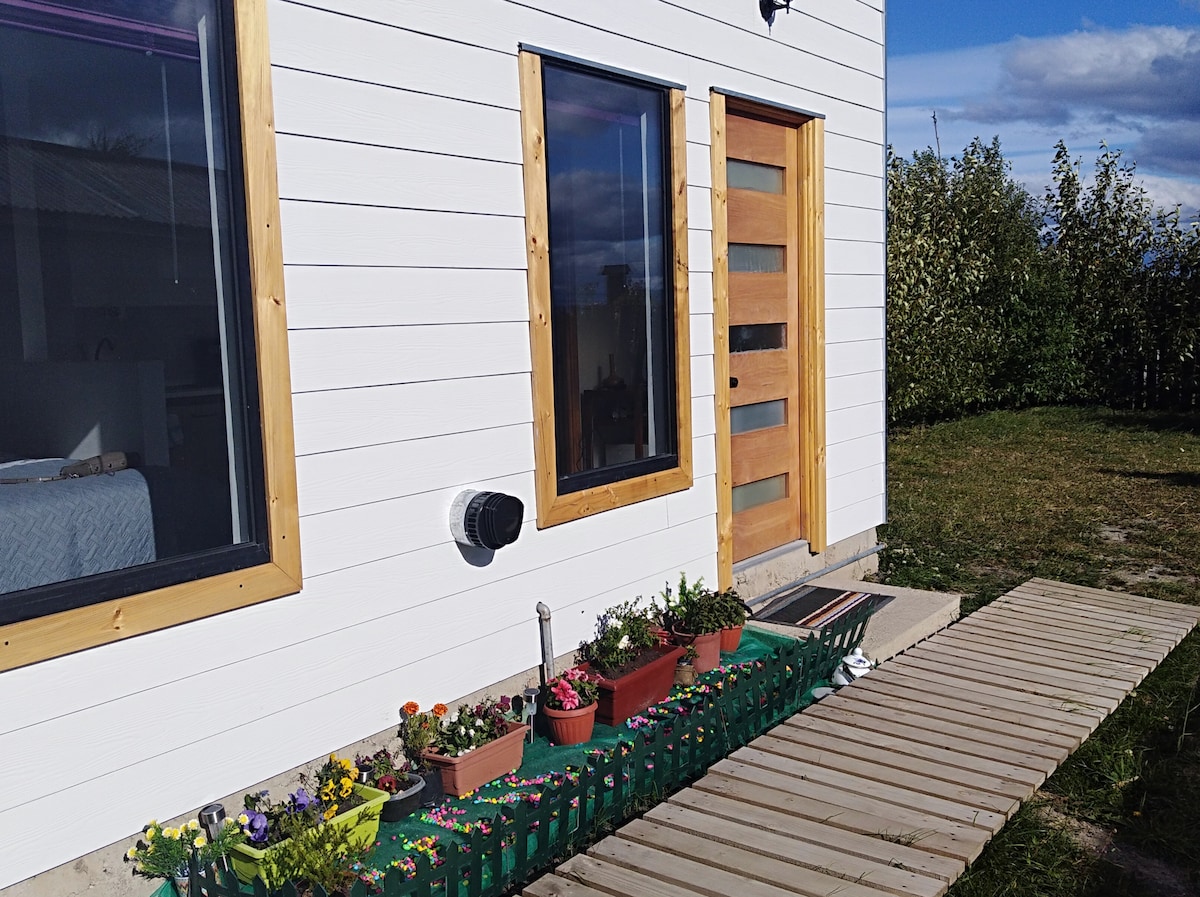 An exterior view of the tiny house is presented, featuring a welcoming wooden door with a contemporary design. Planters filled with colorful flowers line the front, while a wooden path leads to the entrance. A lush green area is visible in the background.
