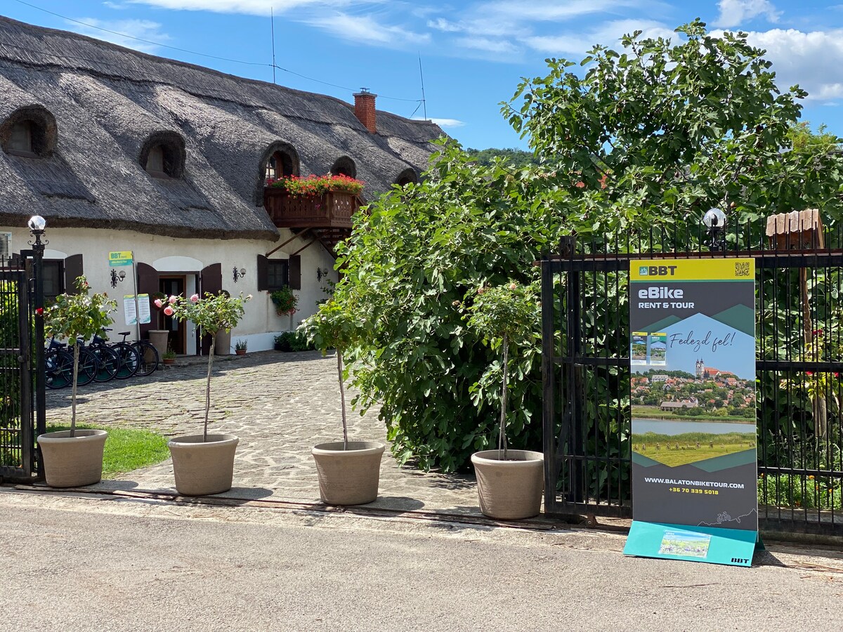 A gated entrance is framed by lush greenery and decorative flower pots. A vibrant sign promoting e-bike rentals is positioned prominently, with a glimpse of bicycles visible in the background. The rustic building, with a thatched roof, is partially obscured by plants.
