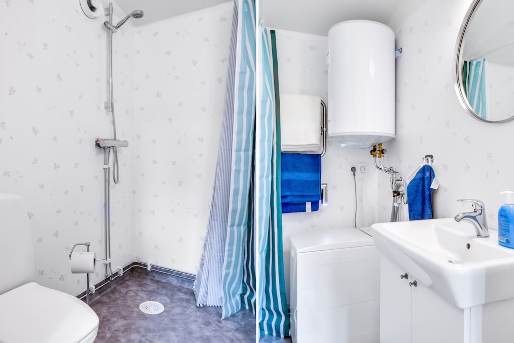 Shower and small washing machine.
