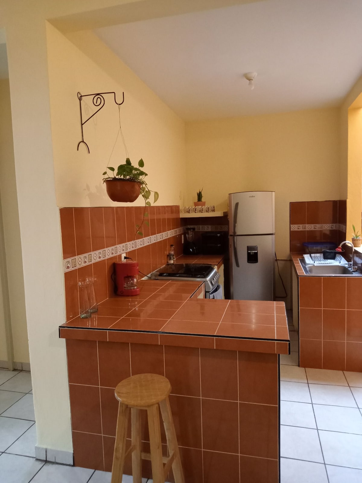 The kitchen features warm-toned tile walls, providing a spacious and functional area. A refrigerator and stove are visible alongside a sink with modern cabinetry. A small stool is placed at the counter, and a hanging plant adds a touch of greenery.