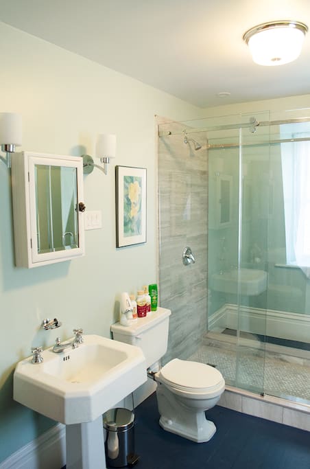 Washroom on second floor with large walk in shower.