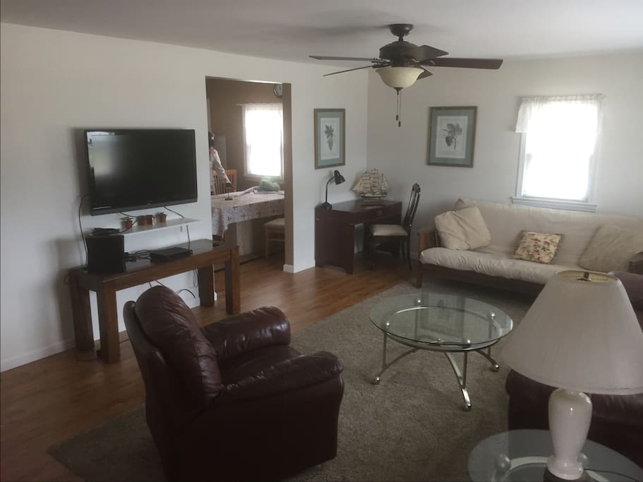 Living room with new flooring; futon sleeps 2, sofa sleeps 1