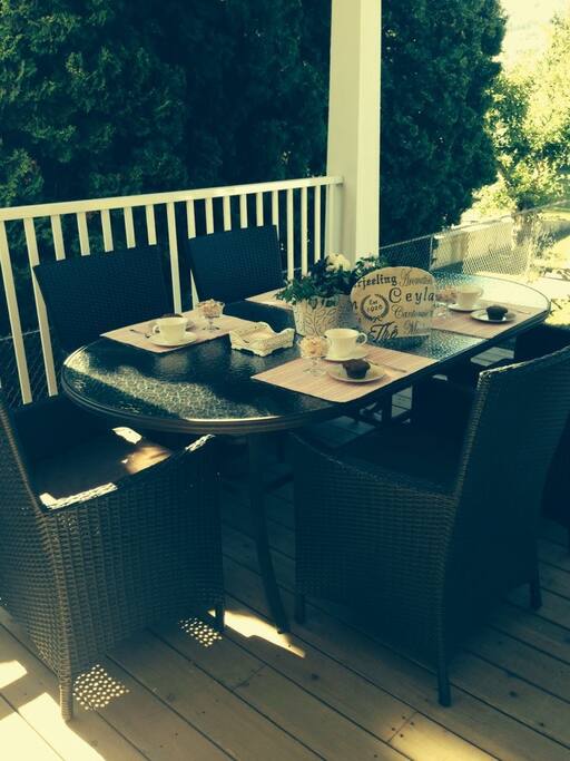 Breakfast on the back deck overlooking the river.