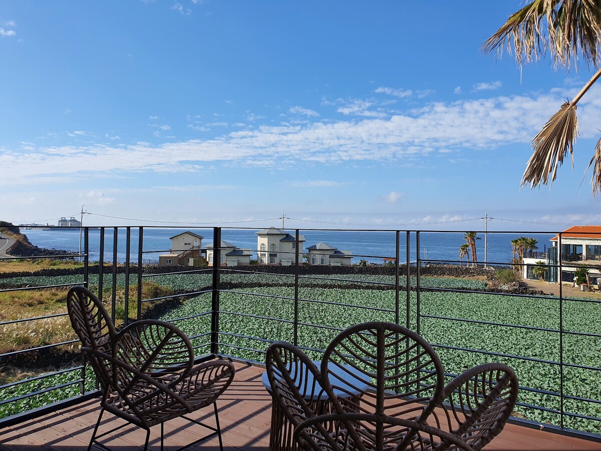 An outdoor terrace is featured with several wicker chairs arranged to face the ocean. A scenic view of the coastline and verdant fields is visible in the distance under a clear blue sky with scattered clouds.