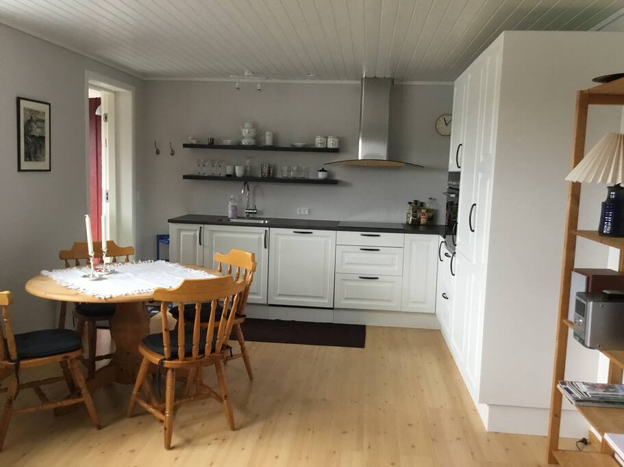 Køkken og stue i et rum.