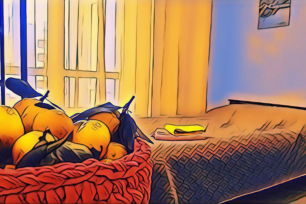 A woven basket filled with oranges is displayed on the edge of the bed. A yellow towel and a book are placed casually on the patterned bedspread, while natural light filters through sheer curtains, creating a warm ambiance in the room.