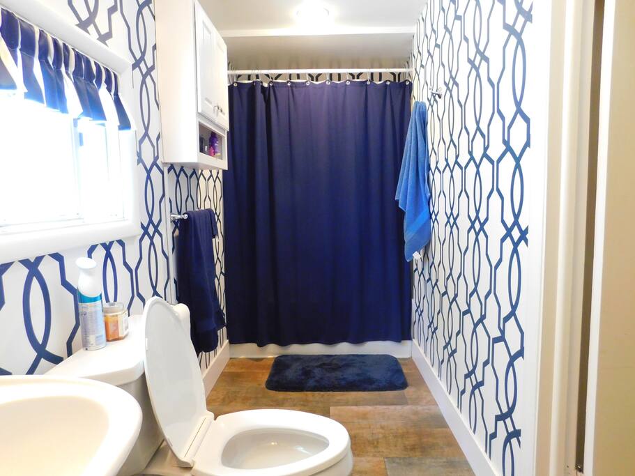 This is your bathroom. Tub and shower behind the curtain.