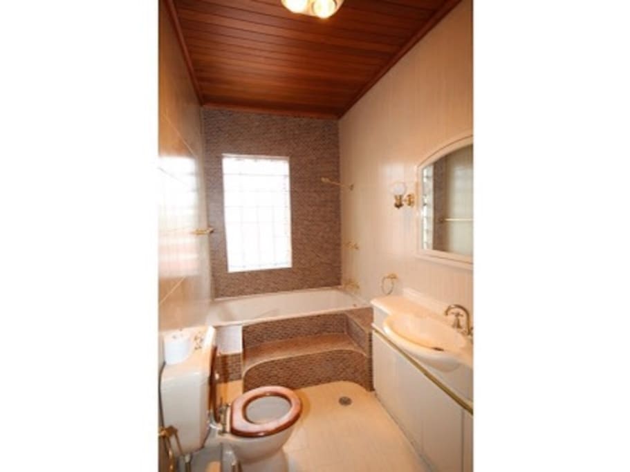 Spacious bathroom with great powerful shower over large bath.