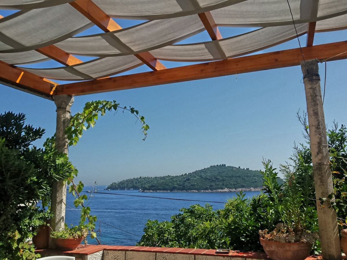 A spacious terrace features wooden beams and a fabric canopy, providing shade over a mosaic-tiled area. Lush greenery surrounds the space, with terracotta pots holding various plants. In the distance, an island can be seen against the blue seascape, adding to the serene environment.