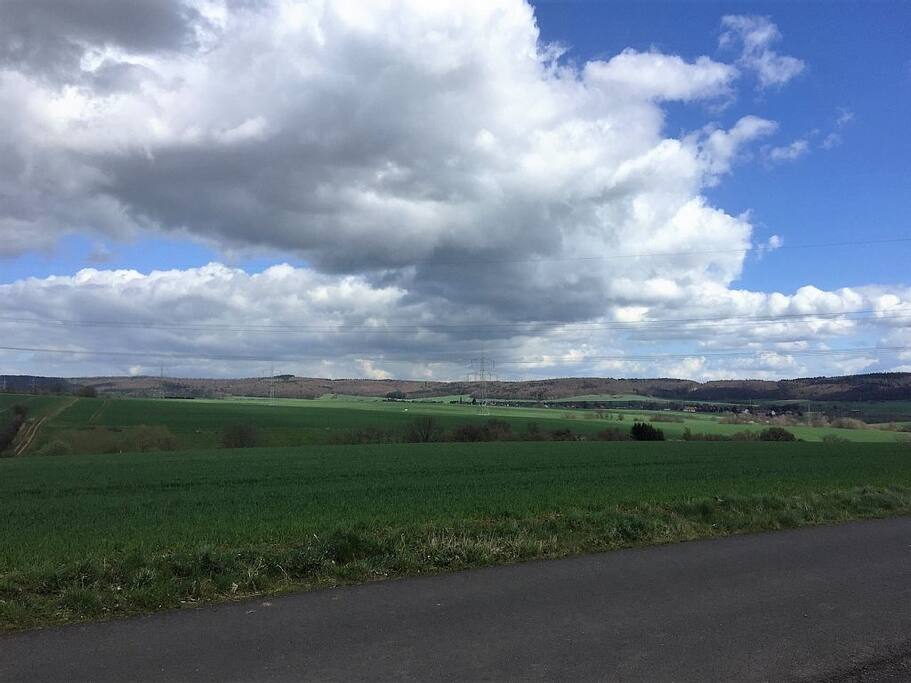 Blick über die Straße ins freie Feld