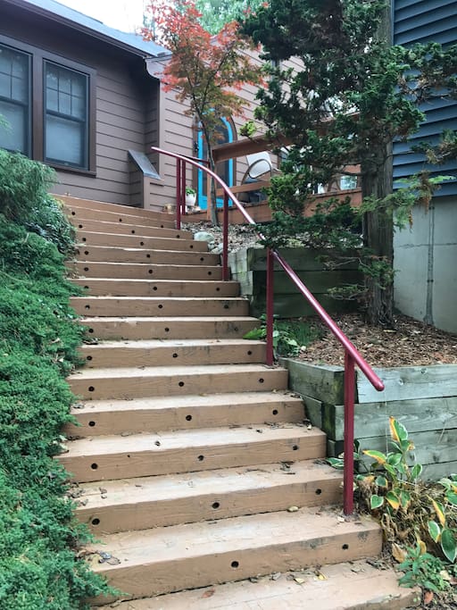 Stairs from parking to deck/entrance