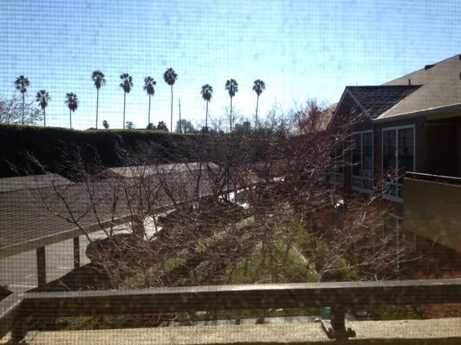 View from the attached balcony. Looking out onto the gated parking area. One secure parking space included in price.