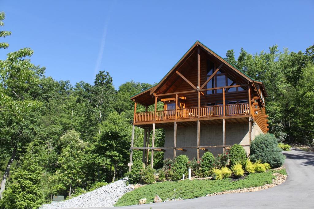 Looking up at cabin from road