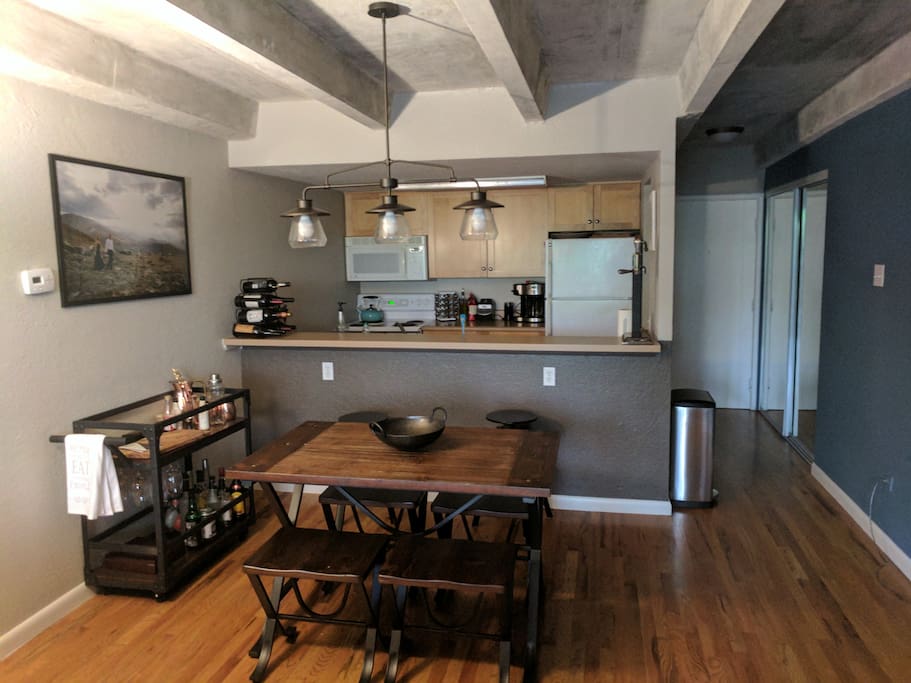 Open living space with kitchen and eating area