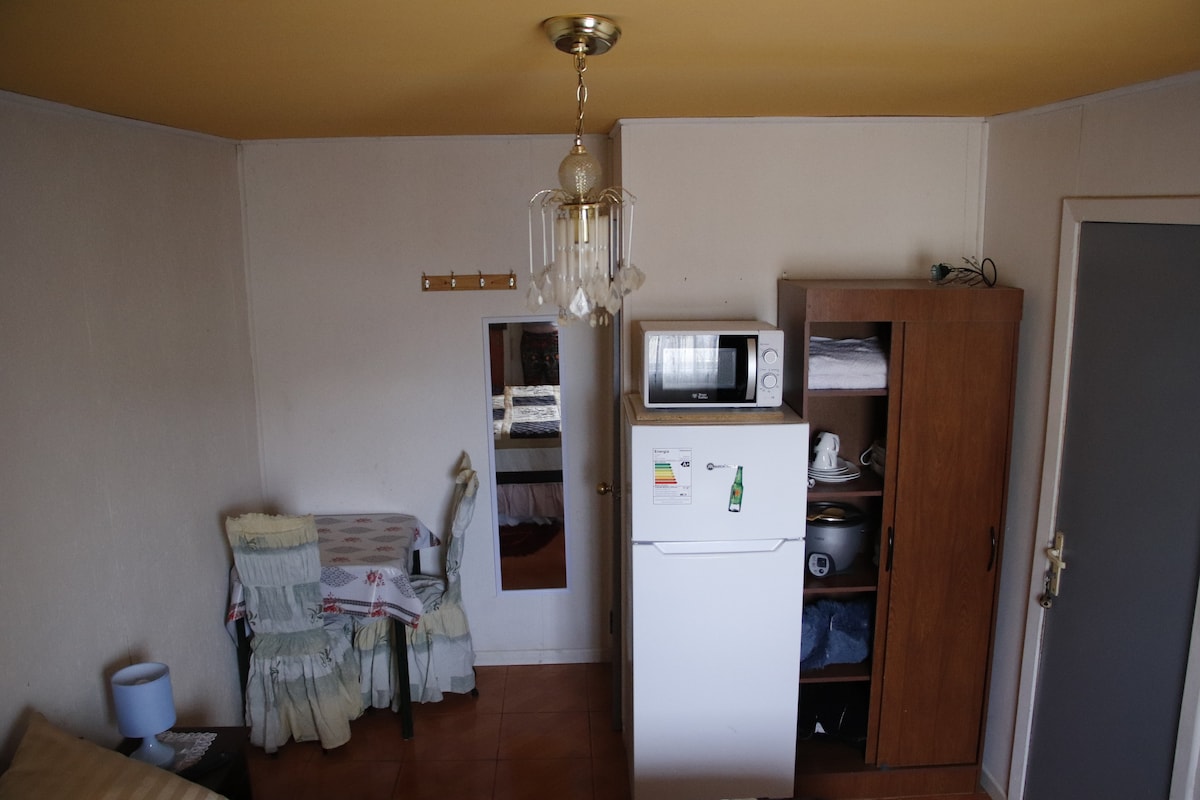 A compact room is featured, showcasing a small dining table beside a mirror. A refrigerator and microwave are positioned against the wall, while a wooden wardrobe offers storage. Warm light emanates from a chandelier, adding to the room's overall brightness.