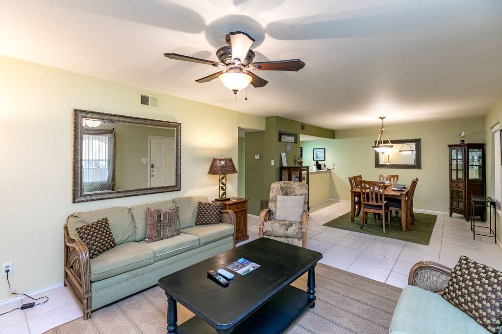 Tiled floors expand the living space.