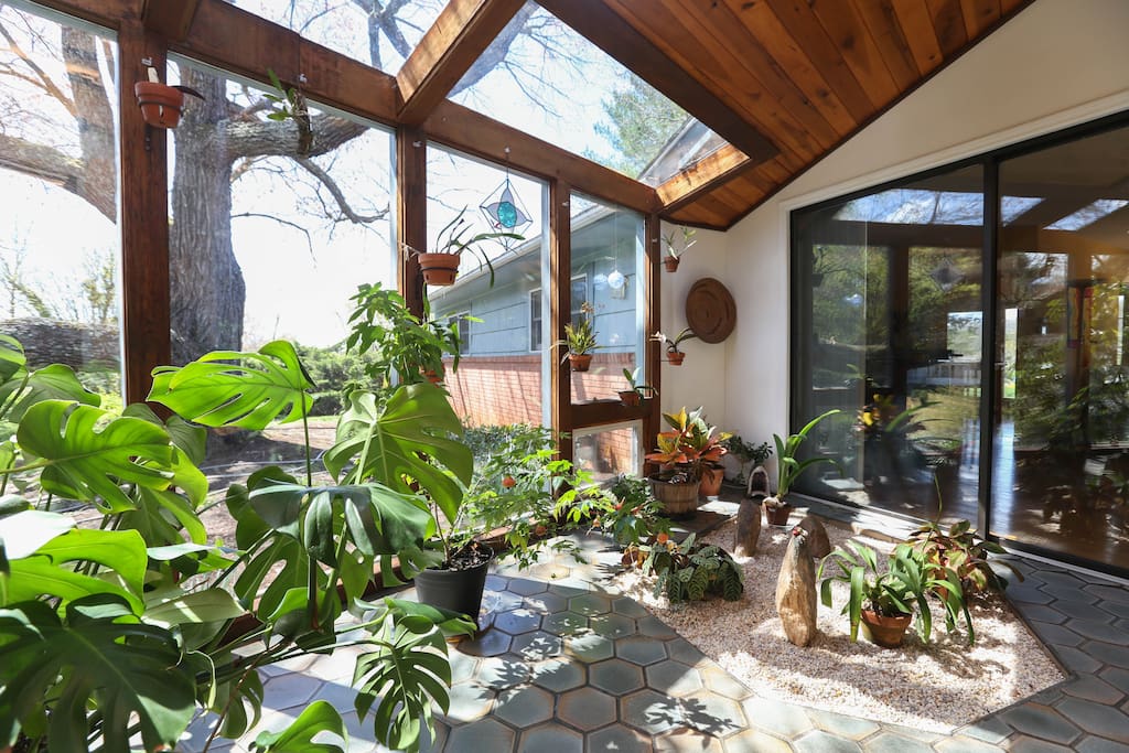 My favorite room is our solarium. It is your private space separated from the sleeping room by sliding doors. You can view the great old oak tree and Zen garden.