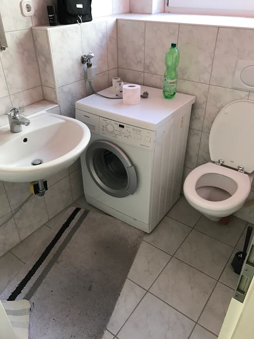 Separater Wc mit Waschmaschine und links hinter der Tür steht auch ein Wäschetrockner.
