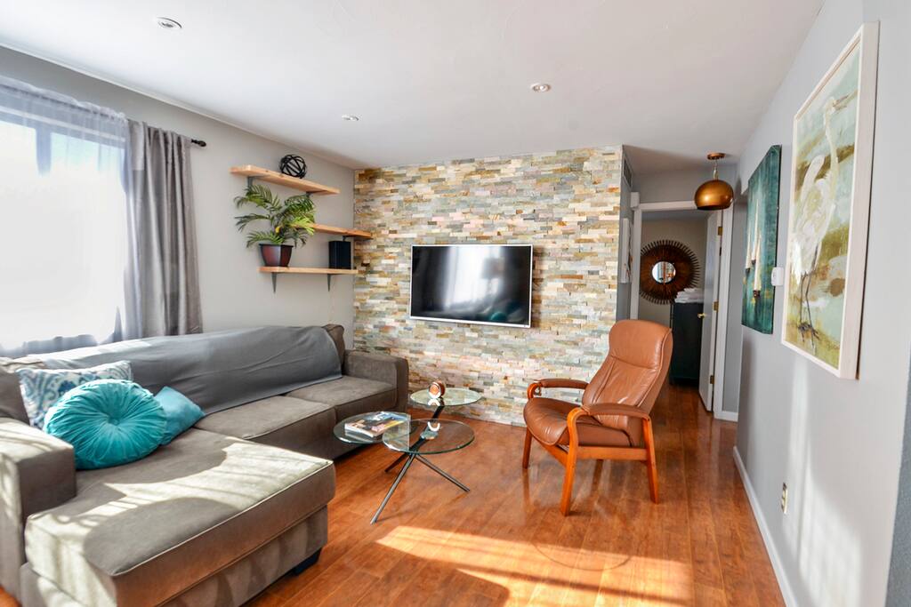 Flat screen TV and incredible accent wall