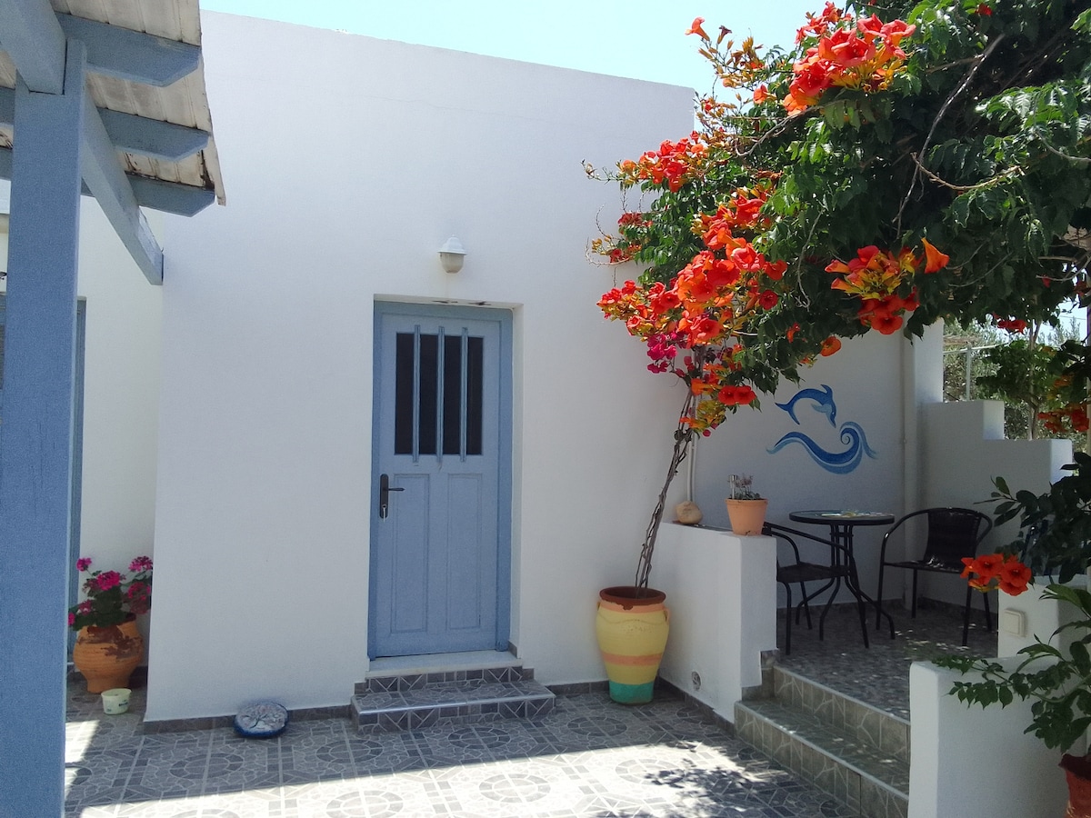A charming entrance features a light blue door framed by vibrant red and orange flowers. Potted plants adorn the area, and a small patio space is presented with two black chairs and a table, offering an inviting nook for relaxation.