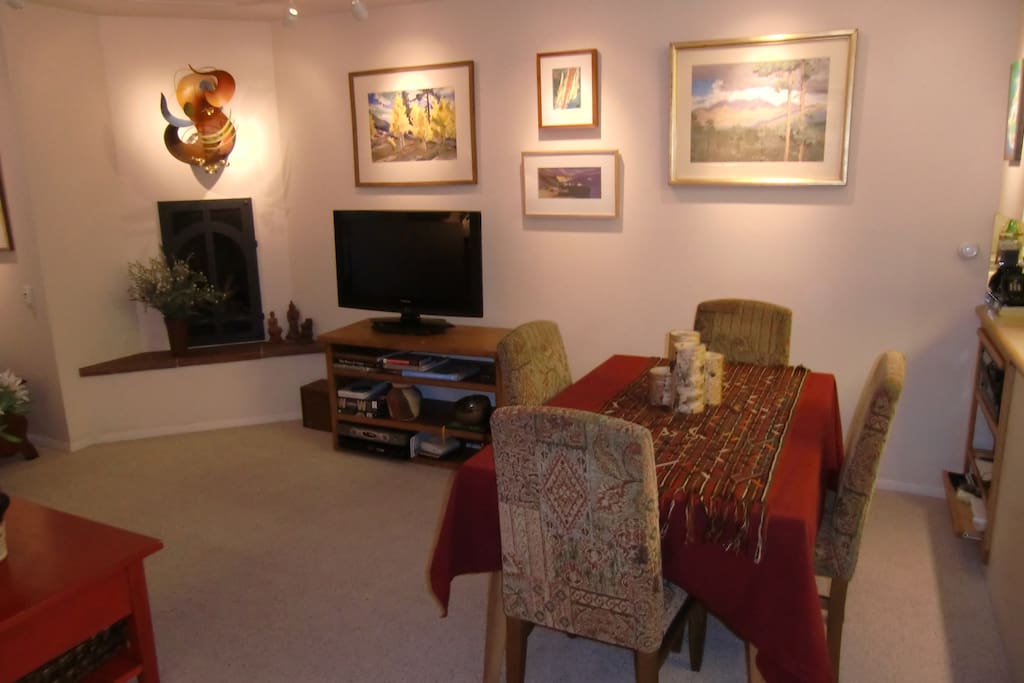 Eating area and fireplace.