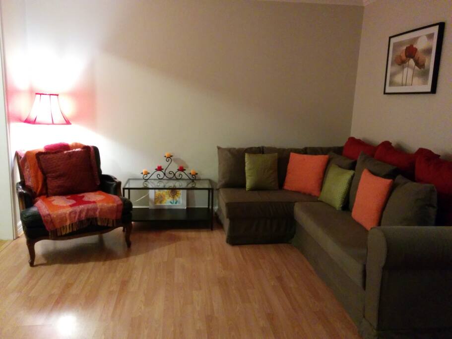 Guest Room #1 with comfortable, flat sofa-bed from IKEA. This bed has a feather down mattress topper.