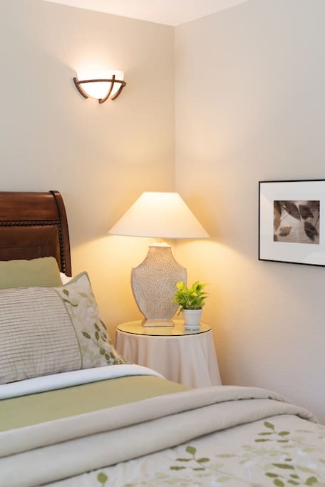 Bedroom corner with cozy reading lamp.
