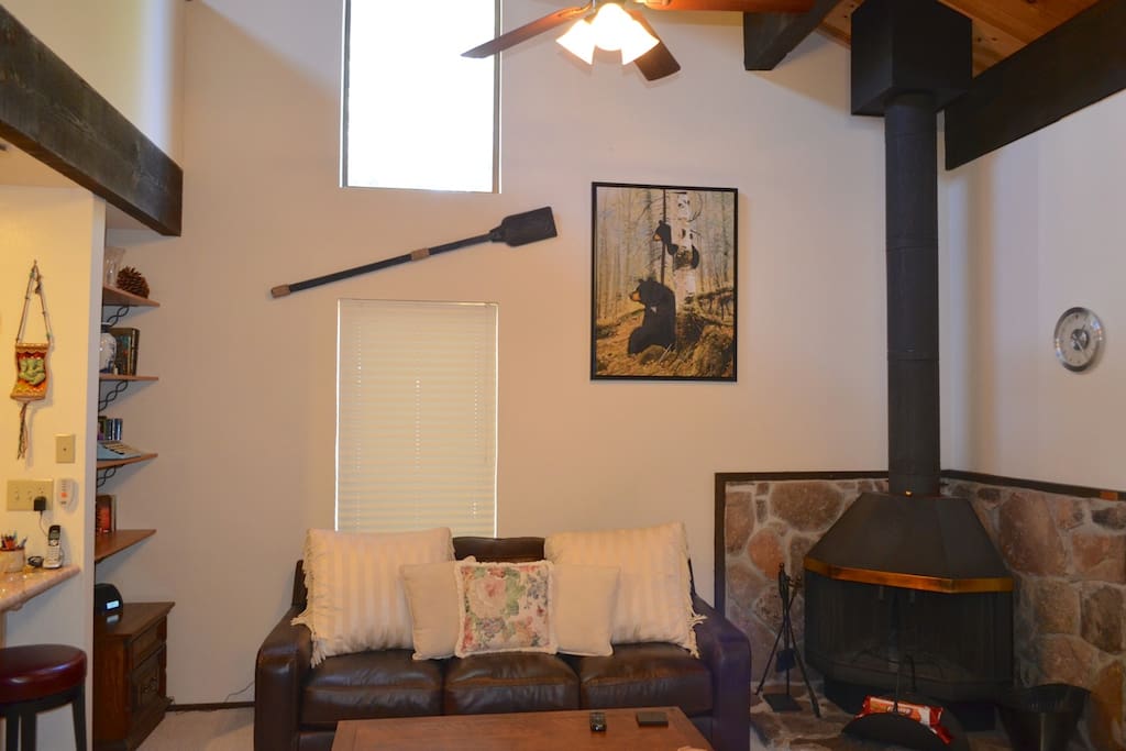 Living room with wood fireplace