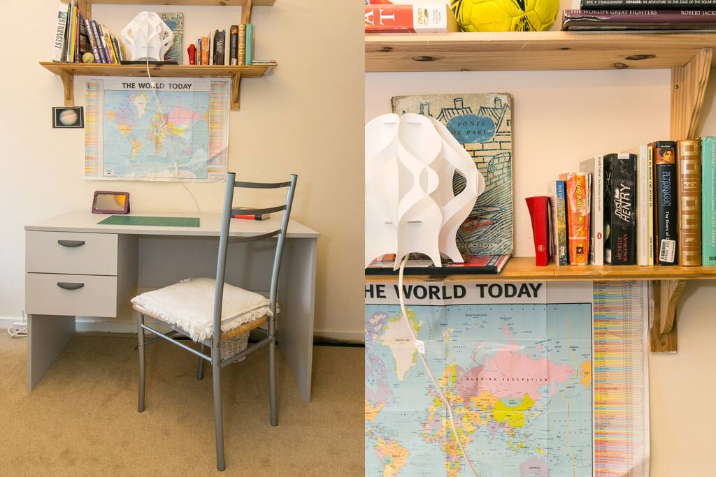 Lots of storage space for your books and papers. A quiet, peaceful, comfortable room.