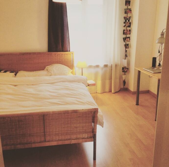 Room has 12m, bed 1.60m and a little Table for your personal things. On demand a second small table can be added. Very cosy.