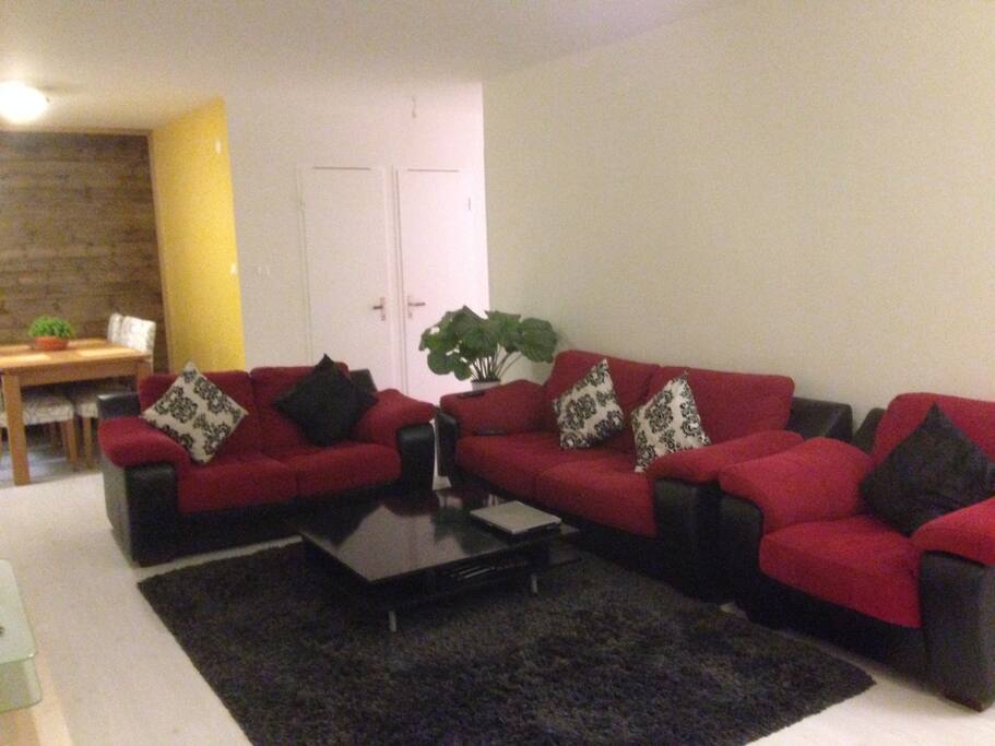 Huge living room with comfortable sofas TV