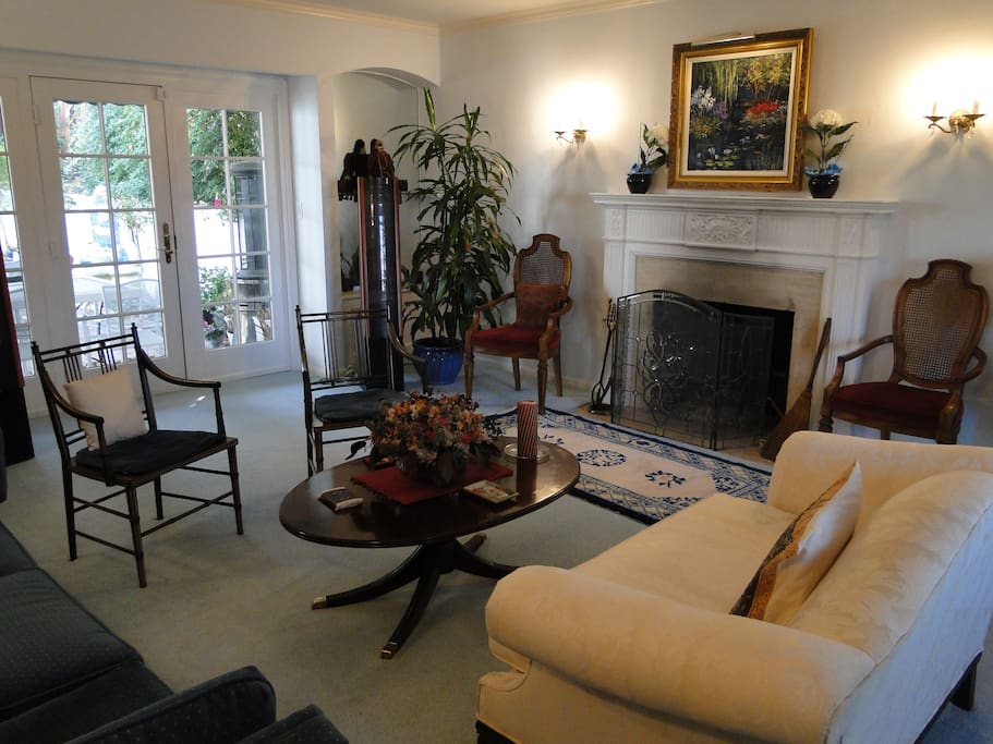 Living room with wood fireplace
