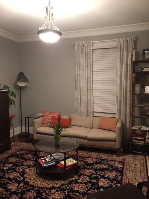 The cozy living room is a great place to relax and find community.