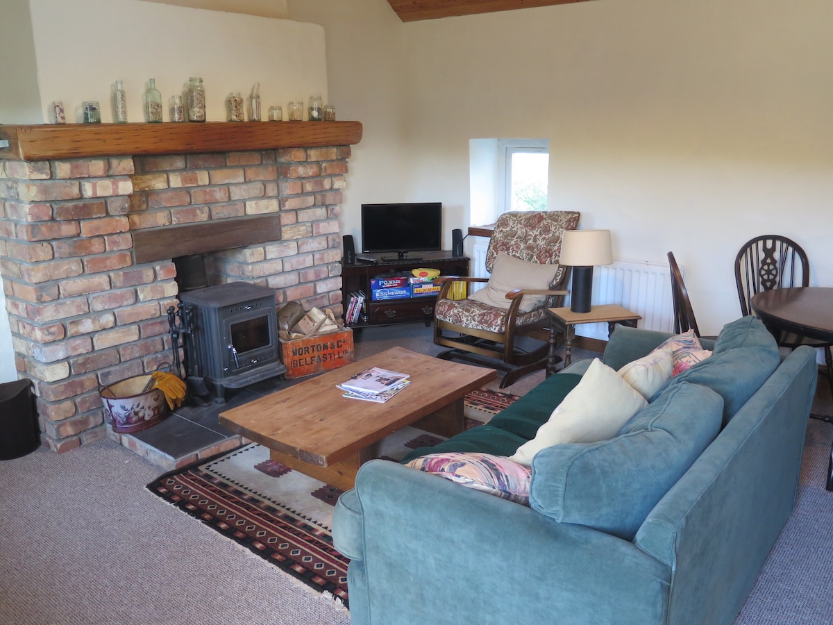 A cozy living room features a rustic brick fireplace with a wood-burning stove. Comfortable seating is provided by a teal sofa and an armchair. A wooden coffee table sits in the center, surrounded by a patterned rug. Natural light filters in through a nearby window.