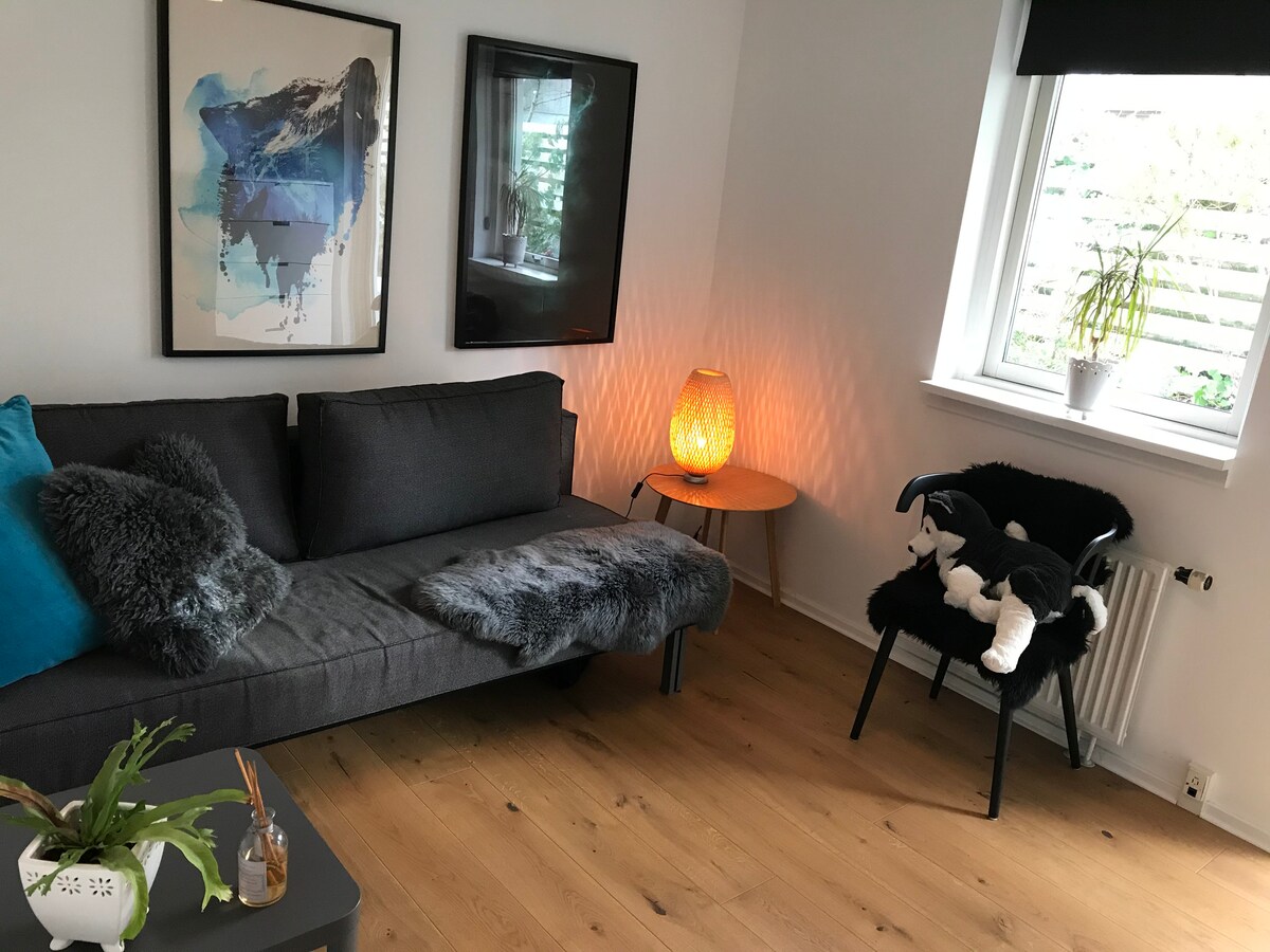 ห้องที่มีโซฟาเบดคู่และประตูไปยังสวน