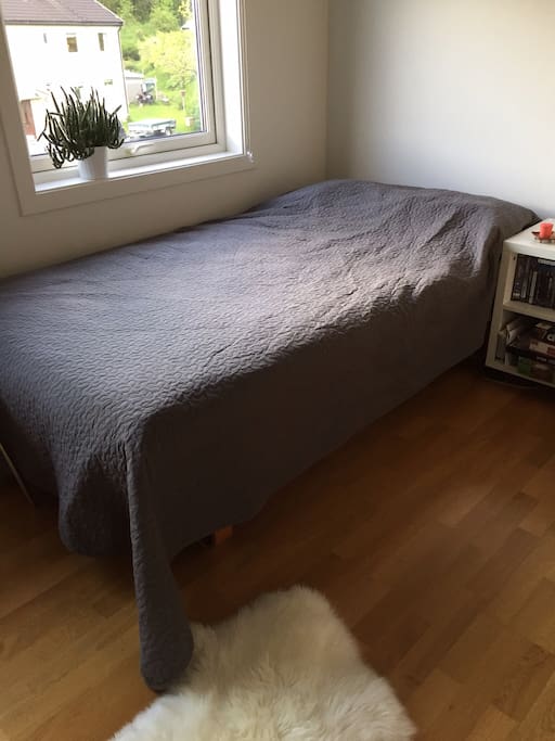 Romslig og lyst soverom med stor seng (120 cm). Plass til ekstra madrass om ønskelig.