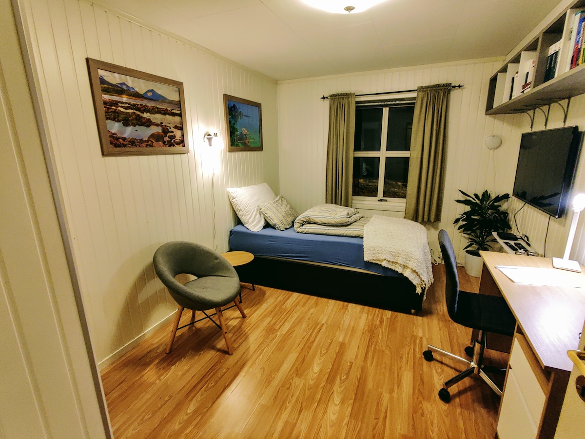 The cozy studio features a spacious bed with a blanket and two pillows, positioned against a wall. A comfortable chair and side table sit nearby. A desk with a chair is also present. Two windows provide natural light, complemented by wall art and greenery.
