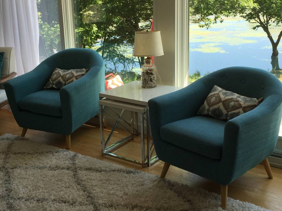 Living room with pond in background