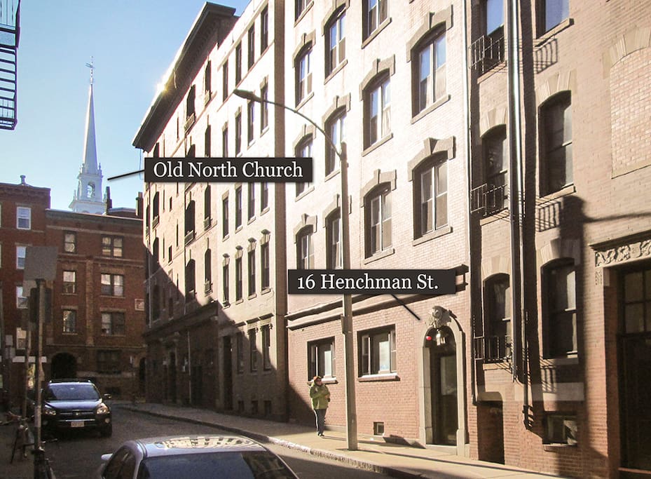 Exterior of our condo building with a view of the Old North Church