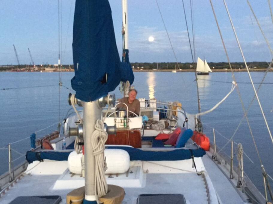 Full moon rising behind us in Vineyard Haven Harbor.