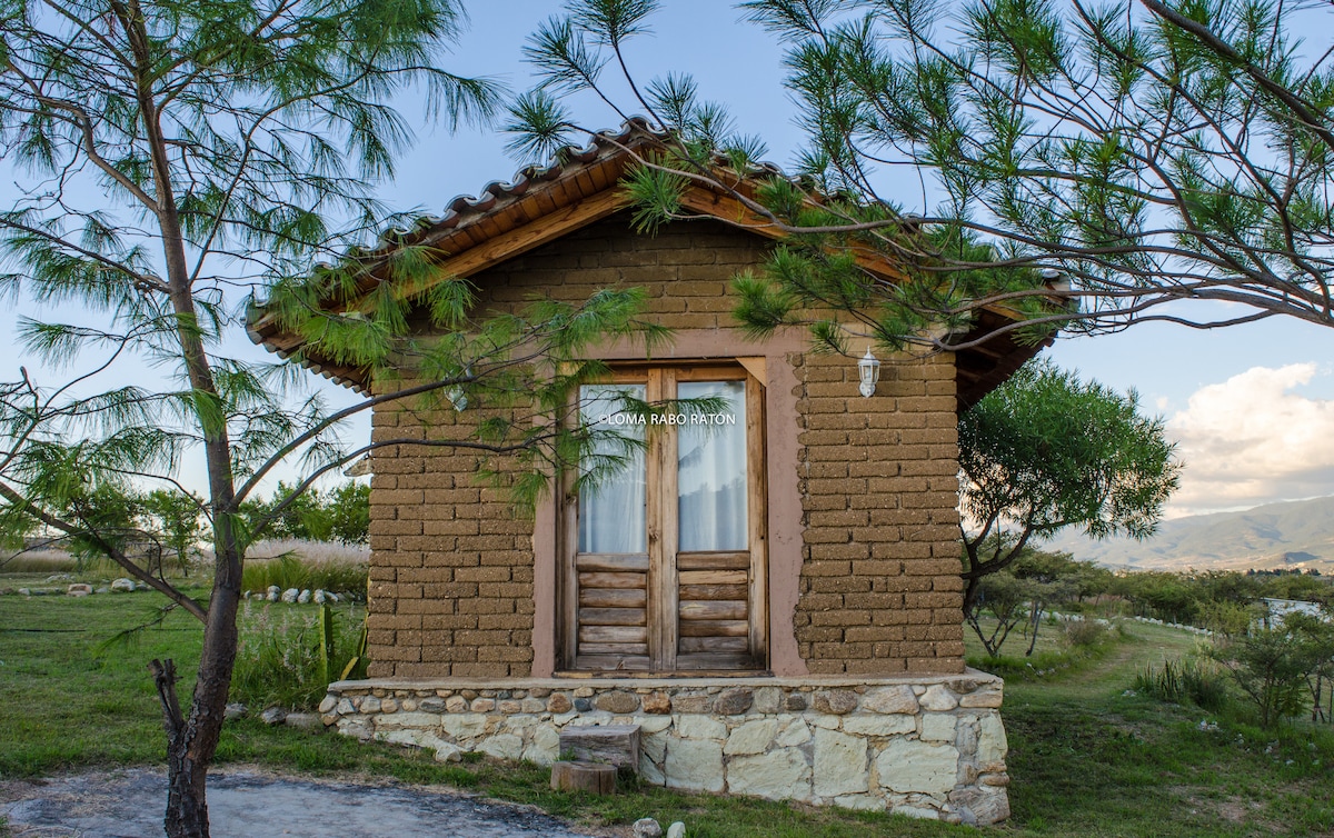 A quaint adobe cabin is framed by lush greenery, featuring a wooden door with glass panels that invites natural light inside. The earthy tones of the structure blend harmoniously with the surrounding landscape, emphasizing the connection to nature.