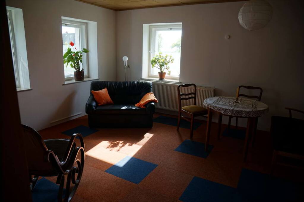 Wohnzimmer gemütlich mit Wollteppich und Kamin.